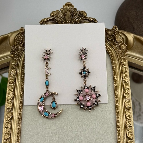 Asymmetric Moon & Sun Drop Earrings – Pink & Turquoise Crystals - Picture 1 of 7